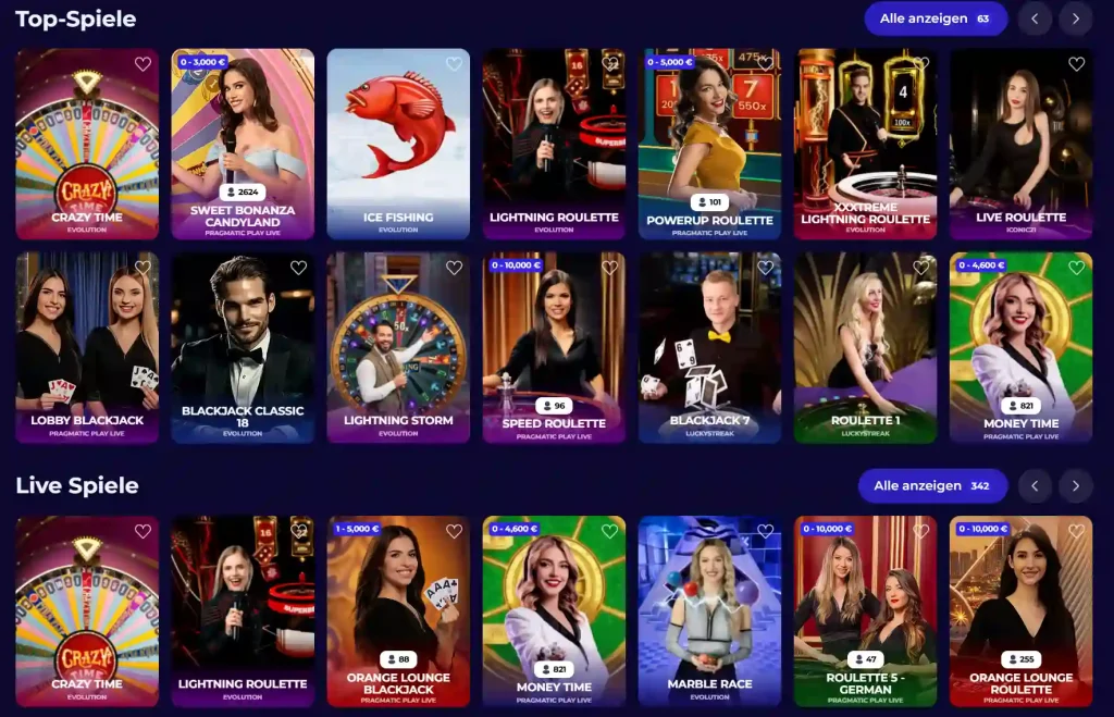 MoroSpin Casino Live Spiele Lobby mit Roulette, Blackjack und Game Shows