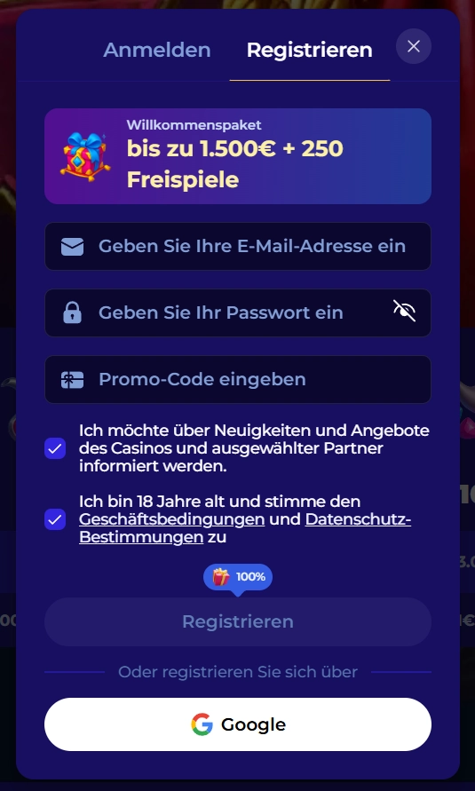 MoroSpin Casino Registrierungsformular mit Willkommensbonus bis zu 1500 Euro und Freispiele