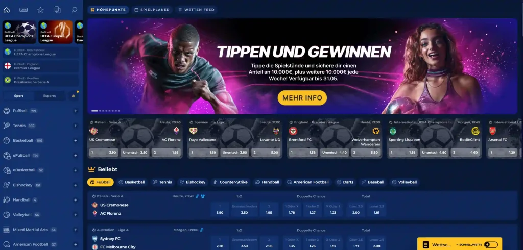 MoroSpin Casino Sportwetten Bereich mit Fußballwetten und Live Quoten