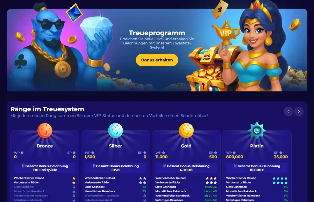 MoroSpin Casino VIP Treueprogramm mit Bronze Silber Gold und Platin Leveln